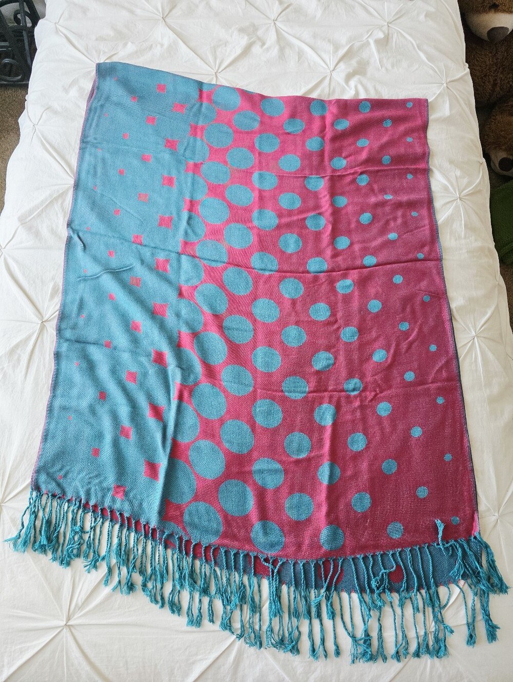 Reversible Burgundy & Teal Polka Dot Fringe Scarf Wrap Shawl